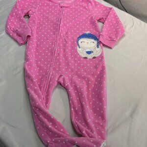 Carter's - 3T - Pink Polka Dot Fleece Onesie Sleeper with Penguin Patch